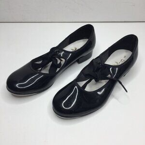Vintage Spotlights Girls Black Mary Jane Patent Tap Dance Shoes Tie Close Size 5
